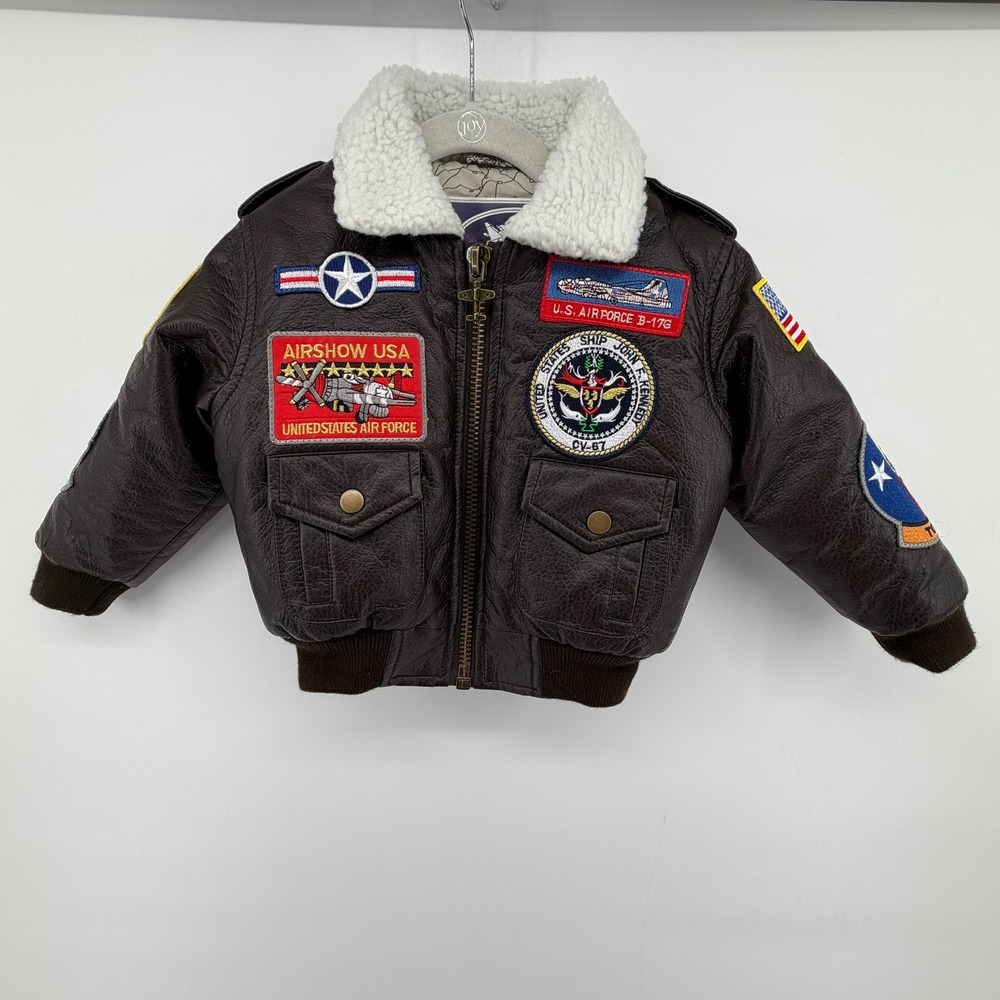 Up & Away Toddler A-2 Faux Leather Bomber Flight Jacket Military Patches Bwn 2T